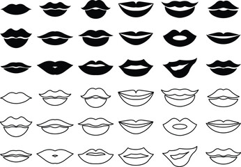 Mouth lips icon in flat line set vector for apps or website woman girl lips shape design kissing Beauty concept. Trendy style isolated on transparent background Concept of sexy and beautiful lips