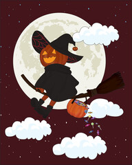 Naklejka premium Halloween little pumpkin man riding a broom and distribute candy in night Vector