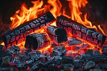 A close-up of glowing embers and burning logs, creating a warm, inviting atmosphere with vibrant flames and rich textures.