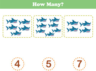 Counting game of whale sharks for preschool kids. Printable. Vector Illustration