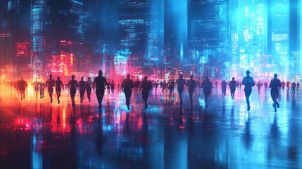 Crowd of people running through a futuristic neon city at night.