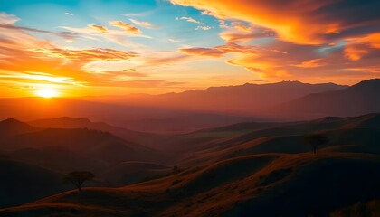 Obraz premium Majestic Sunset over Rolling Hills and Distant Mountains