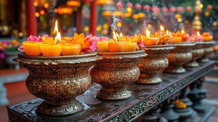 Fototapeta premium Candles glowing in golden bowls with floral arrangement at a temple