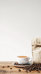 Aromatic Coffee Beans and Hot Cup on Wooden Table with Blank Card for Text