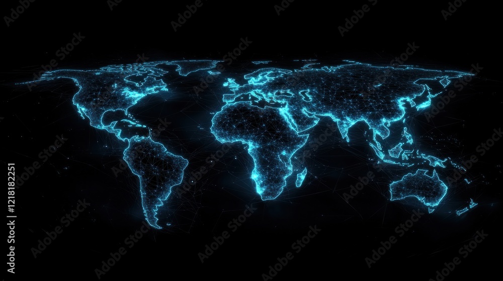 Poster global connectivity: a digital world map with glowing network lines