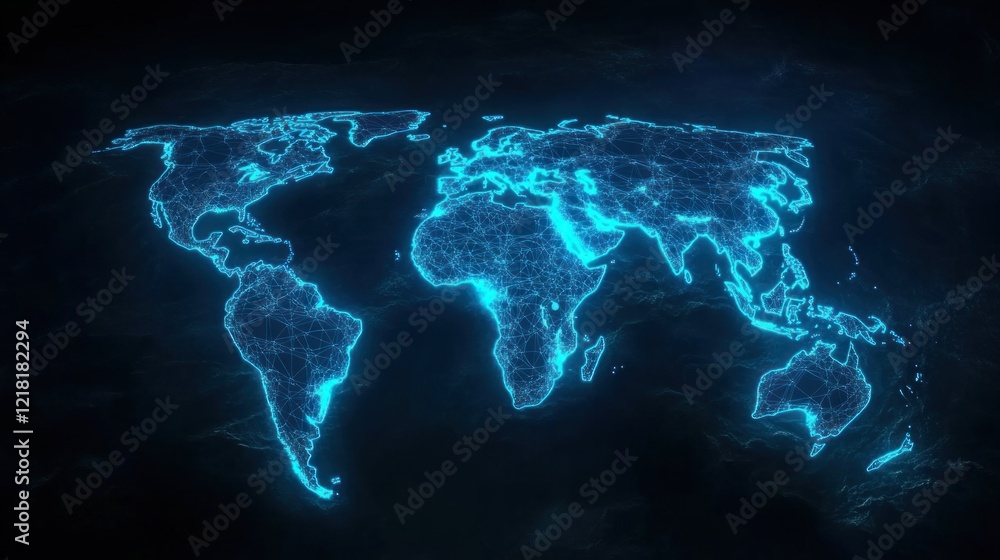 Poster digital world map with glowing connections on a dark background