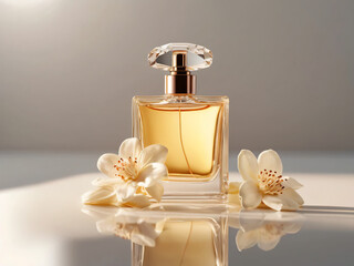 A luxurious perfume bottle is accompanied by blooming white flowers.
