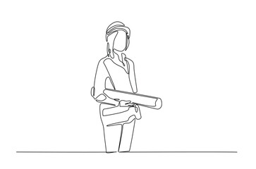Female architect engineer worker holding blueprint in continuous one line drawing design. Female civil engineer or architect. Editable vector.