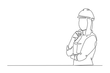 Female architect engineer worker holding paper in continuous one line drawing design. Female civil engineer or architect. Editable vector.