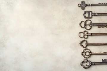 Vintage Antique Keys on Light Beige Background