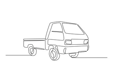 Mini pick-up truck in continuous one line drawing. Single line draw of pick up car illustration. Editable vector.