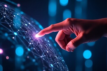 Fototapeta premium A illuminated hand reaches toward a glowing, digital network sphere, symbolizing connection and interaction in a high-tech environment.