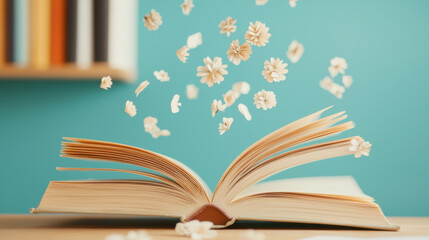 Fototapeta premium magical open book with floating flowers, inspiring creativity and wonder