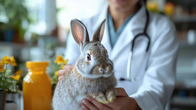 Veterinarian gently holding a fluffy rabbit during a checkup, with yellow flowers and a medicine bottle in the background.