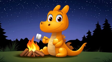 Obraz premium Cute Cartoon Dragon Roasting Marshmallow by Campfire at Night