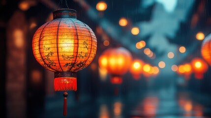Rainy Night in China: Illuminated Lanterns in a Mystical Alley