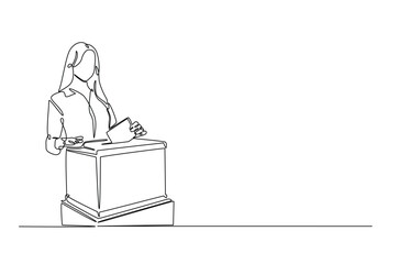 Female voter placing ballot in the ballot box polling place in continuous one line drawing design. Democracy and election day concept. Editable vector.