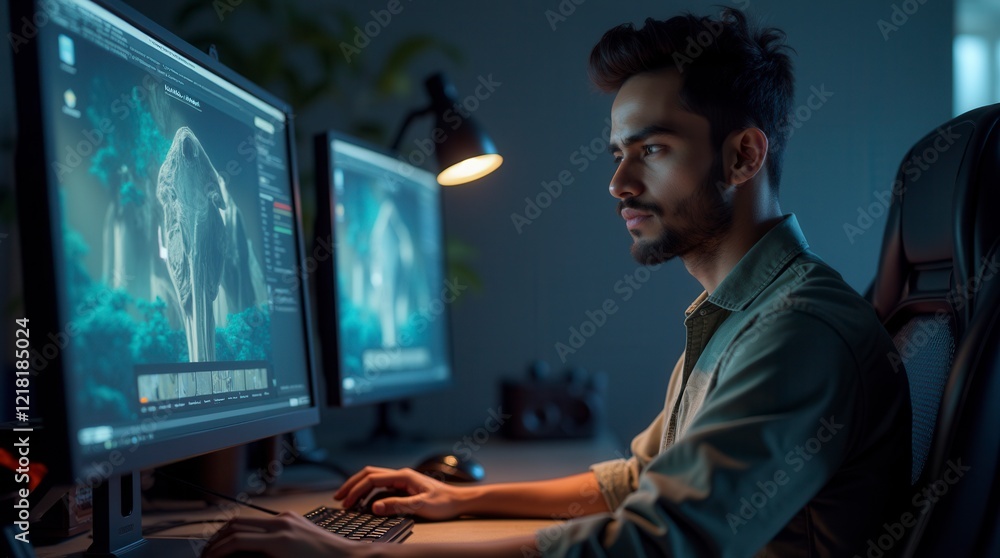 Poster indian male game designer using desktop computer with 3d modelling software