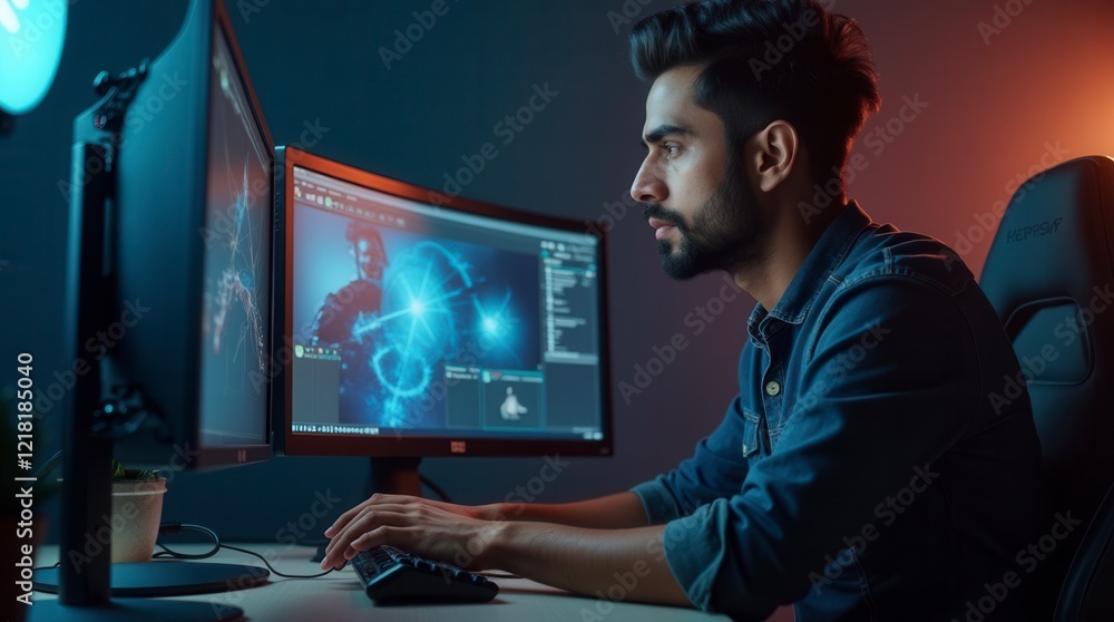 Aufkleber indian male game designer using desktop computer with 3d modelling software