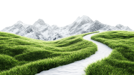 Green grass path to snowy mountains on transparent background