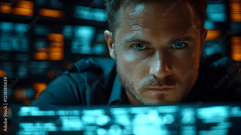 Poster focused man working late on computer, intense concentration on programming code