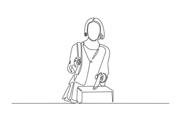 Female voter placing ballot in the ballot box polling place in continuous one line drawing design. Democracy and election day concept. Editable vector.