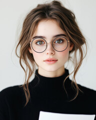 Fototapeta premium young woman with glasses and black turtleneck, looking thoughtfully at report
