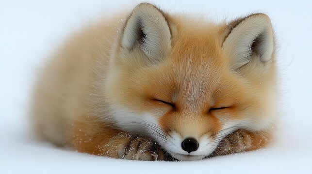 Red fox kit sleeping in snowy winter scene
