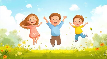 Family having fun in the park, jumping and playing together with big smiles.