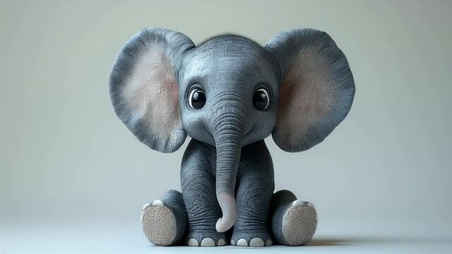 Adorable baby elephant sitting, 3D render, cute, cartoon, large ears, grey, big eyes, trunk,  small, playful.