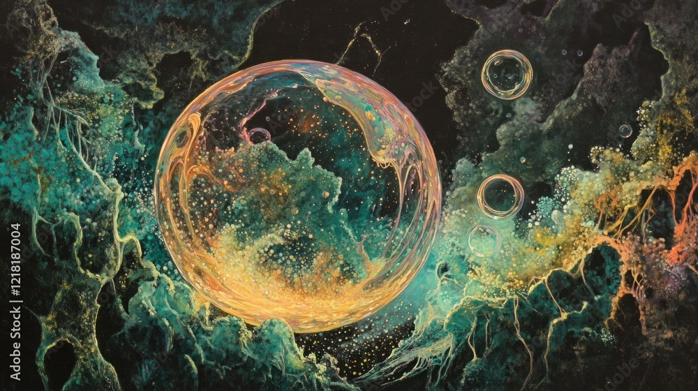 Poster surreal abstract sphere composition with atmospheric elements