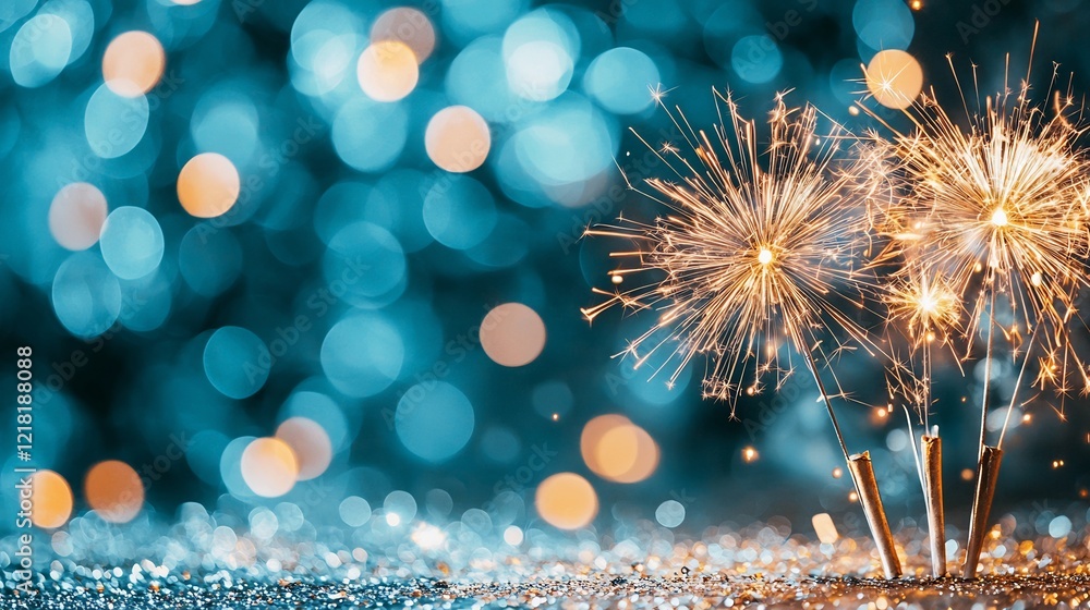 Poster a festive display of sparkling fireworks with blurred bokeh lights creating a magical atmosphere