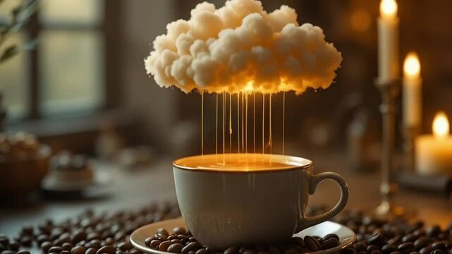 A magic cloud that rains gold on a cozy cup of coffee