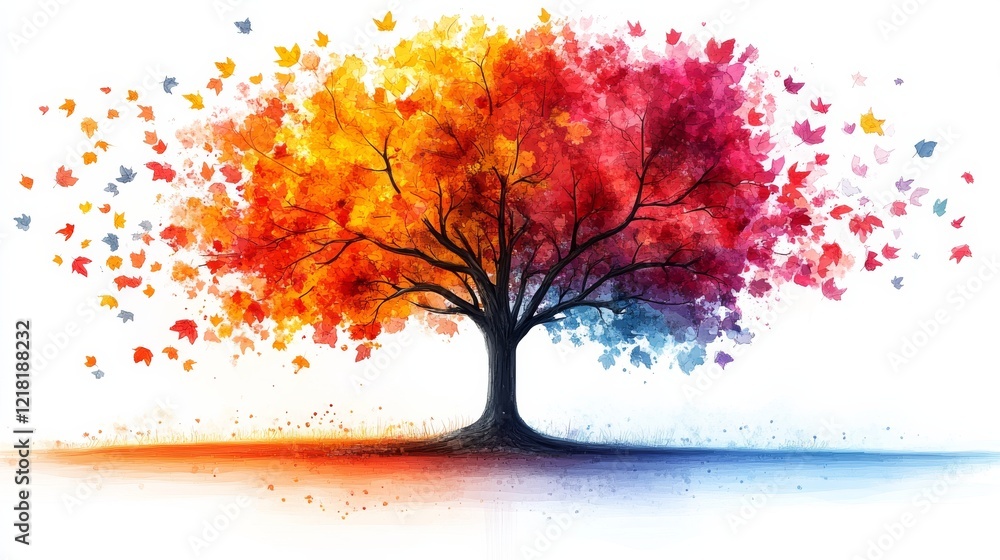 Poster whimsical rainbow tree illustration with colorful abstract elements and playful design