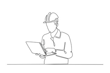 Engineer with laptop in continuous one line drawing. Single line art draw of architect working with netbook. Editable vector.