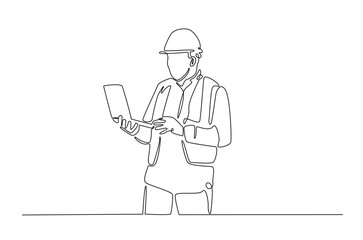 Engineer with laptop in continuous one line drawing. Single line art draw of architect working with netbook. Editable vector.