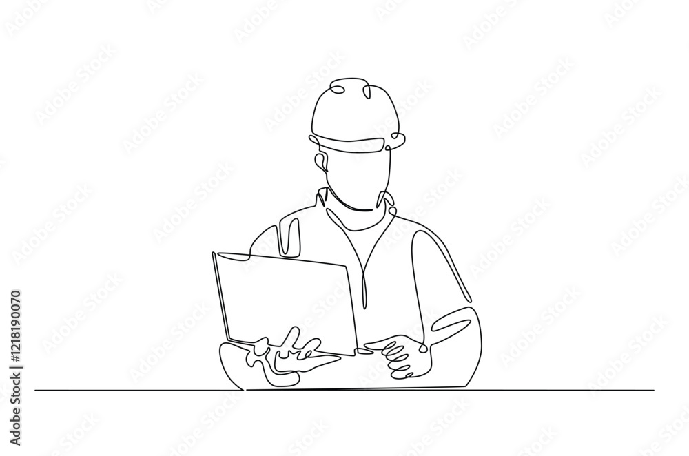 Fototapete engineer with laptop in continuous one line drawing. single line art draw of architect working with 
