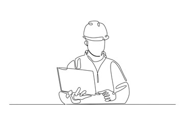 Engineer with laptop in continuous one line drawing. Single line art draw of architect working with netbook. Editable vector.