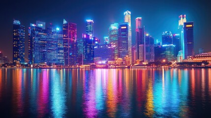 Fototapeta premium Vibrant cityscape at night, reflecting in calm water.