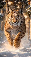Fototapeta premium A highly detailed, full-body portrait of an incredibly muscular and powerful wild cat with black stripes running through a snowy forest in winter. The scene is rendered in hyper-realistic detail 