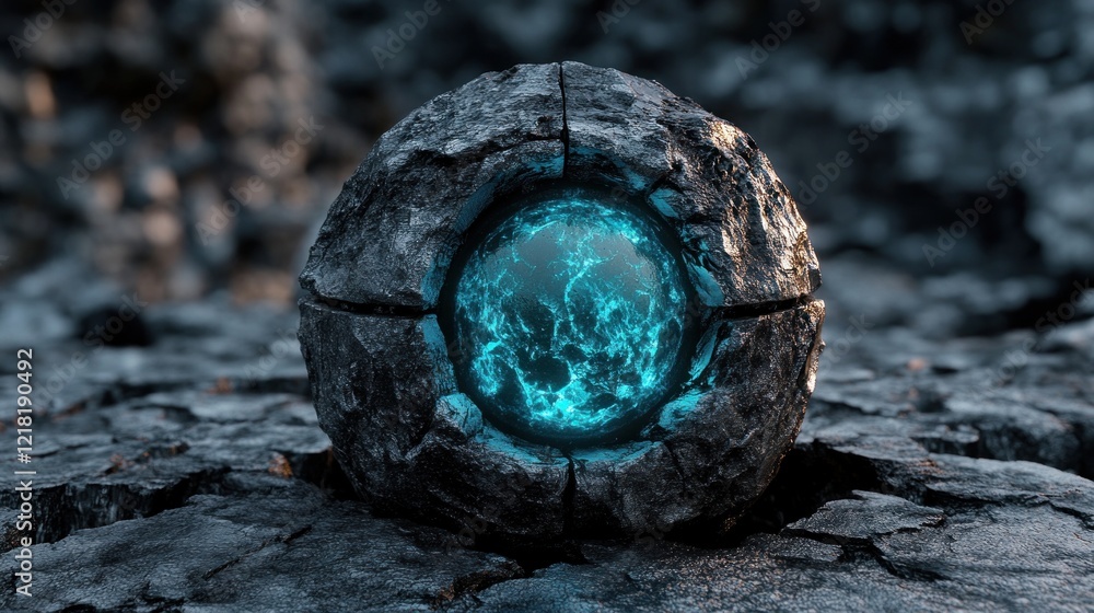 Poster mysterious glowing orb in stone structure on rough textured ground surface