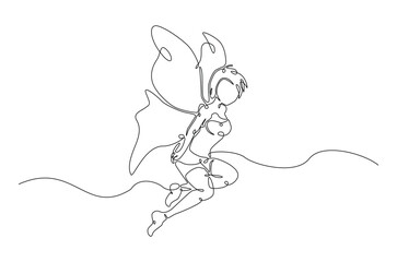 winged fairy in continuous one line drawing. Single line art draw of flying fairy with wings. Editable vector.