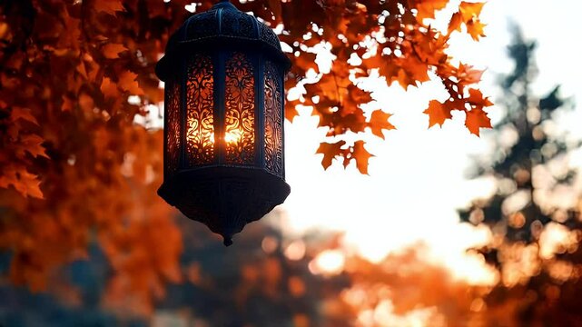 Illuminated ornate lantern hanging from a tree branch with autumn leaves, blurred background.