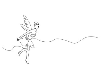 winged fairy in continuous one line drawing. Single line art draw of flying fairy with wings. Editable vector.