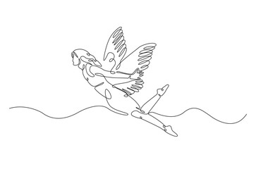 winged fairy in continuous one line drawing. Single line art draw of flying angel. Editable vector.