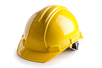 Isolated close up of a yellow protective construction hard hat on white