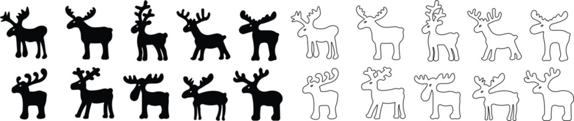 Deer Cute cartoon funny reindeer icon in flat line set. perfect for holiday themes, isolated on transparent background. christmas reindeer vector for apps or website