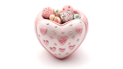 ? Hand-decorated heart-shaped ceramic jar filled with sweet treats isolated on white background in HD