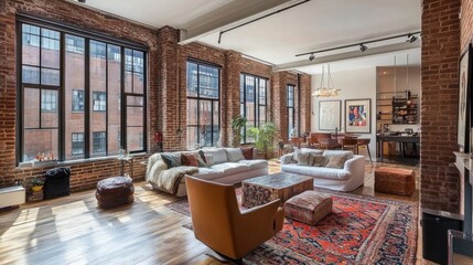 Spacious living room with exposed brick walls and large windows flooding the area with light