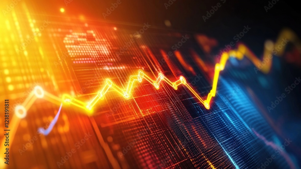 Poster abstract financial graph with bright orange and blue lines and background for data analysis or stock